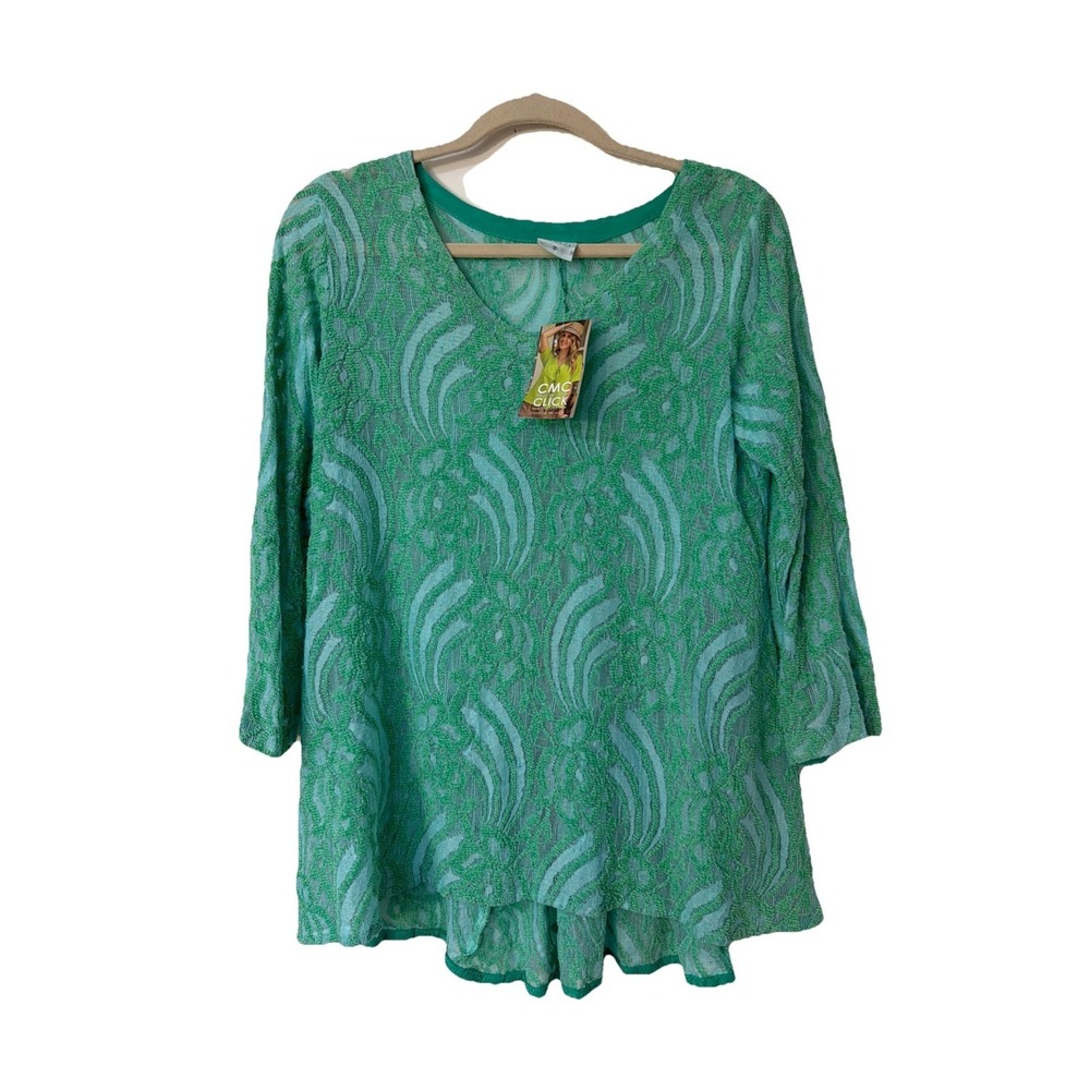 CMC Color Me Cotton Vintage Sheer 3D ‎ Textured Tunic Top Green  Size Small Boho